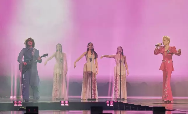 Ziferblat from Ukraine performs the song "Bird of Pray" during the first semi-final of the 69th Eurovision Song Contest, in Basel, Switzerland, Tuesday, May 13, 2025. (AP Photo/Martin Meissner)