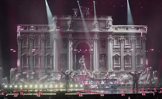 Gabry Ponte from San Marino performs the song "Tutta L'Italia" during the first semi-final of the 69th Eurovision Song Contest, in Basel, Switzerland, Tuesday, May 13, 2025. (AP Photo/Martin Meissner)