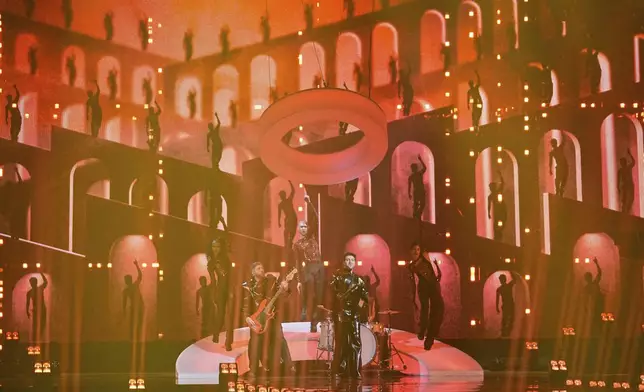 Mamagama from Azerbaijan performs the song "Run With U" during the first semi-final of the 69th Eurovision Song Contest, in Basel, Switzerland, Tuesday, May 13, 2025. (AP Photo/Martin Meissner)