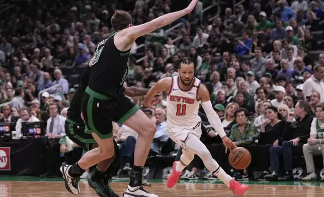 during the second half of Game 5 of an NBA basketball second-round playoff series, Wednesday, May 14, 2025, in Boston. (AP Photo/Charles Krupa)