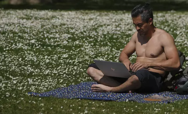 A man uses his computer on a sunny day at a park in London, Wednesday, April 30, 2025. (AP Photo/Kin Cheung)