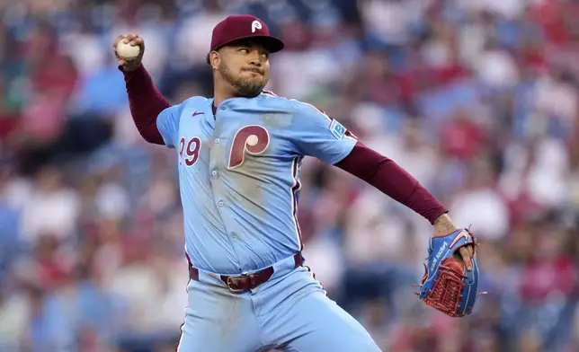 Philadelphia Phillies' Taijuan Walker pitches during the second inning of a baseball game against the Washington Nationals, Thursday, May 1, 2025, in Philadelphia. (AP Photo/Matt Slocum)
