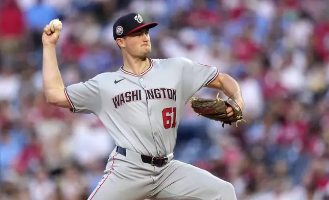 Washington Nationals' Brad Lord pitches during the second inning of a baseball game against the Philadelphia Phillies, Thursday, May 1, 2025, in Philadelphia. (AP Photo/Matt Slocum)