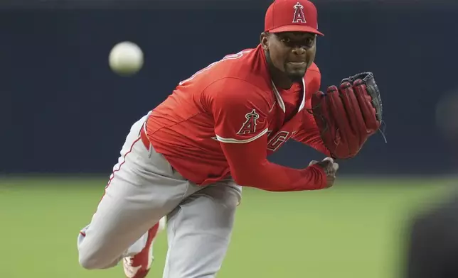 Los Angeles Angels starting pitcher Jose Soriano works against a San Diego Padres batter during the first inning of a baseball game Tuesday, May 13, 2025, in San Diego. (AP Photo/Gregory Bull)
