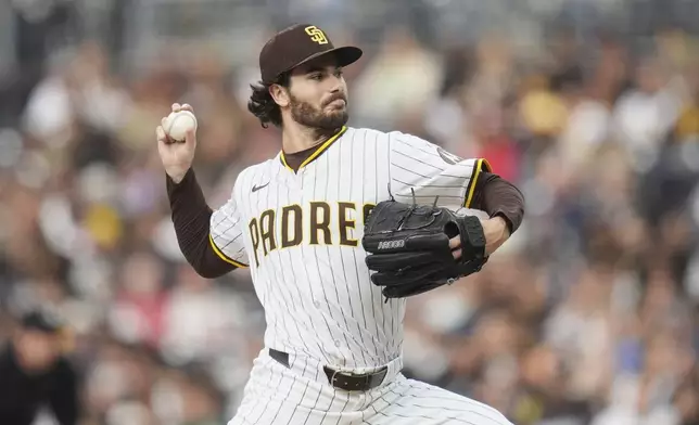 San Diego Padres starting pitcher Dylan Cease works against a Los Angeles Angels batter during the second inning of a baseball game Tuesday, May 13, 2025, in San Diego. (AP Photo/Gregory Bull)