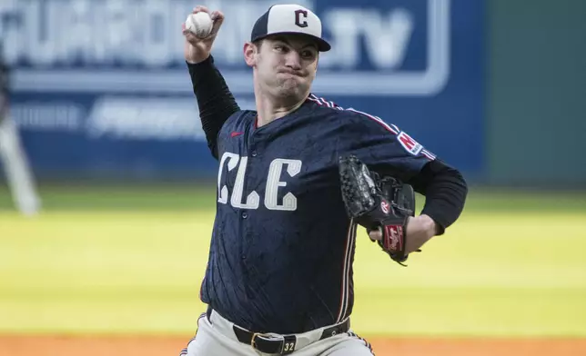 Cleveland Guardians starting pitcher Gavin Williams delivers against the Philadelphia Phillies during the first inning of a baseball game Friday, May 9, 2025, in Cleveland. (AP Photo/Phil Long)