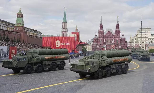 Russian S-400 anti-aircraft missile system launchers roll during the Victory Day military parade in Moscow, Russia, Friday, May 9, 2025, during celebrations of the 80th anniversary of the Soviet Union's victory over Nazi Germany during the World War II. (AP Photo/Alexander Zemlianichenko)