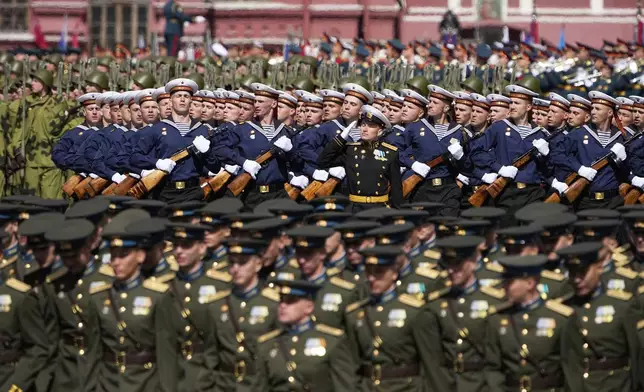 Russian servicemen march along Red Square during the Victory Day military parade in Moscow, Russia, Friday, May 9, 2025, in celebrations of the 80th anniversary of the Soviet Union's victory over Nazi Germany during the World War II. (AP Photo/Alexander Zemlianichenko)