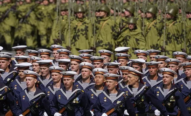Russian servicemen march along Red Square during the Victory Day military parade in Moscow, Russia, Friday, May 9, 2025, in celebrations of the 80th anniversary of the Soviet Union's victory over Nazi Germany during the World War II. (AP Photo/Alexander Zemlianichenko)