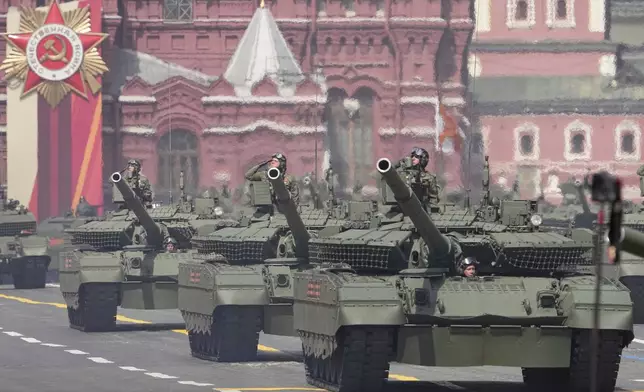 Russian T-80 BVM tanks roll in Red square during the Victory Day military parade in Moscow, Russia, Friday, May 9, 2025, during celebrations of the 80th anniversary of the Soviet Union's victory over Nazi Germany during the World War II. (AP Photo/Alexander Zemlianichenko)