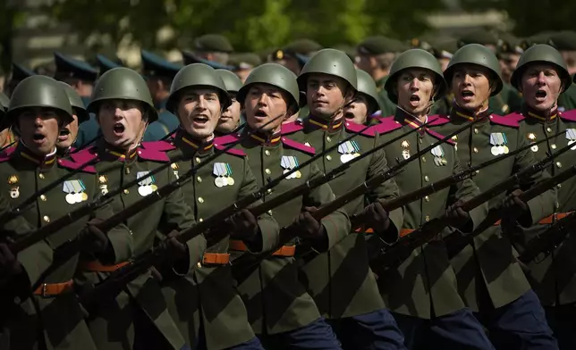 Russian servicemen march along Red Square during the Victory Day military parade in Moscow, Russia, Friday, May 9, 2025, during celebrations of the 80th anniversary of the Soviet Union's victory over Nazi Germany during the World War II. (AP Photo/Pavel Bednyakov, Pool)