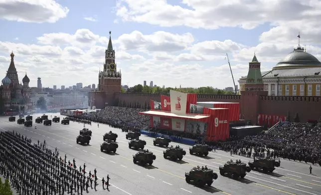 Russian army vehicles roll during the Victory Day military parade in Moscow, Russia, Friday, May 9, 2025, during celebrations of the 80th anniversary of the Soviet Union's victory over Nazi Germany during the World War II. (Vladimir Astapkovich/Photo host agency RIA Novosti via AP)