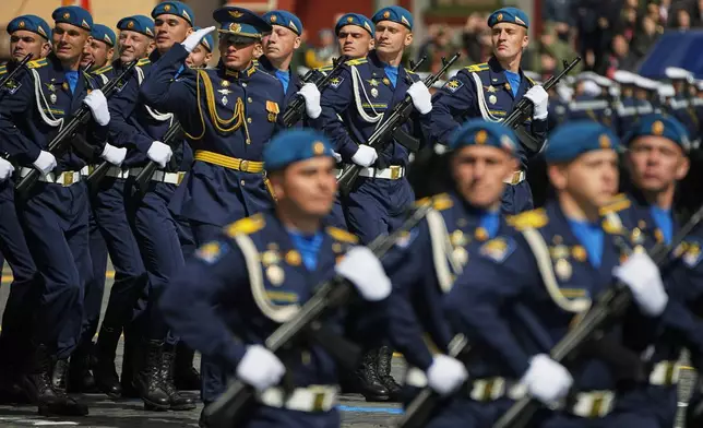 Russian servicemen march along Red Square during the Victory Day military parade in Moscow, Russia, Friday, May 9, 2025, during celebrations of the 80th anniversary of the Soviet Union's victory over Nazi Germany during the World War II. (AP Photo/Pavel Bednyakov, Pool)
