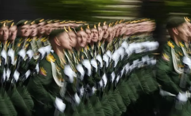 Russian servicemen march along Red Square during the Victory Day military parade in Moscow, Russia, Friday, May 9, 2025, during celebrations of the 80th anniversary of the Soviet Union's victory over Nazi Germany during the World War II. (AP Photo/Pavel Bednyakov, Pool)