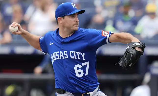 Kansas City Royals pitcher Seth Lugo (67) delivers to the Tampa Bay Rays during the first inning of a baseball game Thursday, May 1, 2025, in Tampa, Fla. (AP Photo/Chris O'Meara)