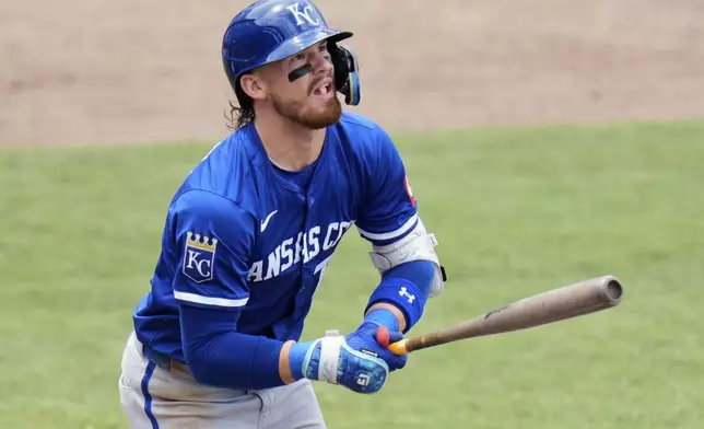 Kansas City Royals' Bobby Witt Jr. watches his two-run home run off Tampa Bay Rays pitcher Shane Baz during the fifth inning of a baseball game Thursday, May 1, 2025, in Tampa, Fla. (AP Photo/Chris O'Meara)