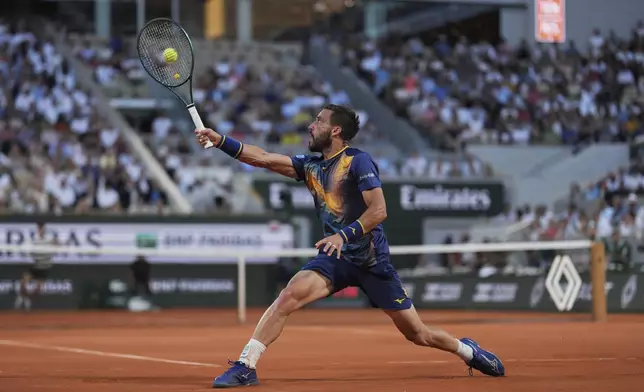 Bosnia and Herzegovina's Damir Dzumhur returns the ball to Spain's Carlos Alcaraz during their third round match at the French Open tennis tournament at the Roland-Garros stadium, Friday, May 30, 2025, in Paris. (AP Photo/Thibault Camus)