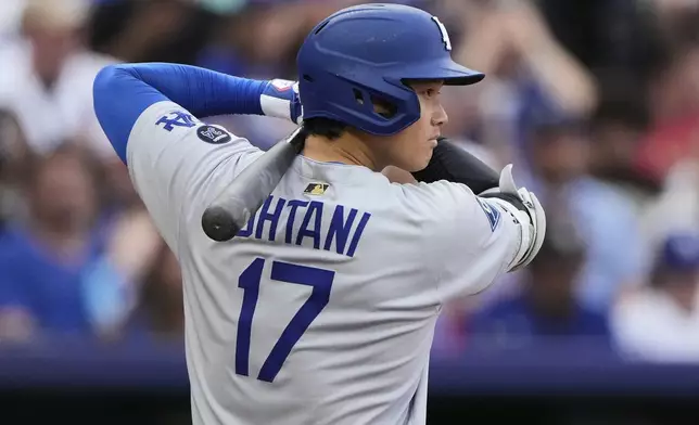 Los Angeles Dodgers' Shohei Ohtani bats during the second inning of a baseball game against the Kansas City Royals, Sunday, June 29, 2025, in Kansas City, Mo. (AP Photo/Charlie Riedel)