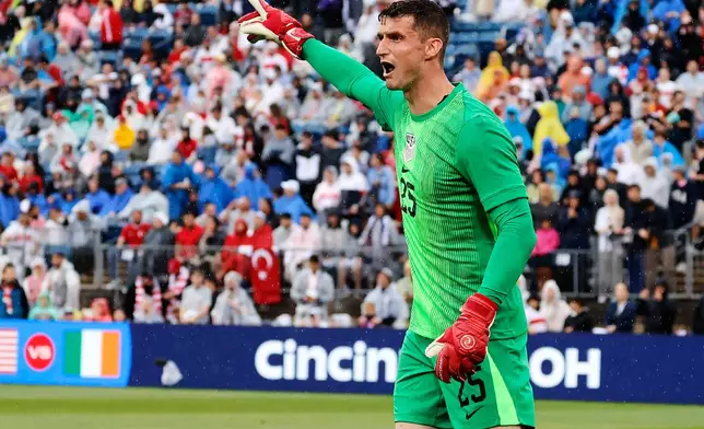 United States goalie Matt Freese (25) directs his team during the first half of an international friendly soccer game against Turkey, Saturday, June 7, 2025, in East Hartford, Conn. (AP Photo/Mary Schwalm)