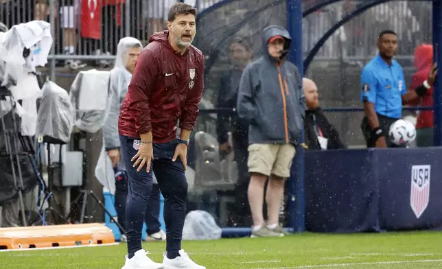 United States head coach Mauricio Pochettino encourages his team during the first half of an international friendly soccer game against Turkey, Saturday, June 7, 2025, in East Hartford, Conn. (AP Photo/Mary Schwalm)