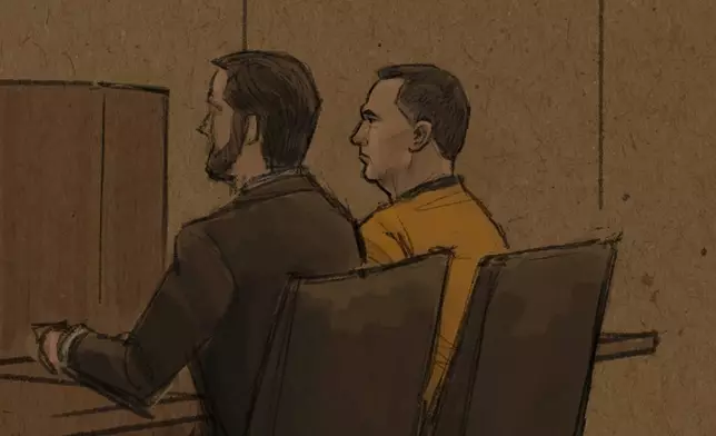 In this courtroom sketch, Vance Boelter, right, who is charged with killing one Minnesota lawmaker and wounding another, is seen at a federal court hearing Monday, June 16, 2025, in St. Paul, Minn. (Cedric Hohnstadt via AP)