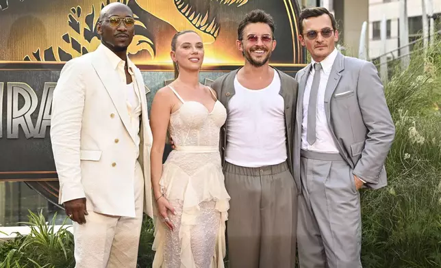 Mahershala Ali, from left, Scarlett Johansson, Jonathan Bailey, and Rupert Friend attend the "Jurassic World Rebirth" premiere on Monday, June 23, 2025, at Lincoln Center in New York. (Photo by Evan Agostini/Invision/AP)
