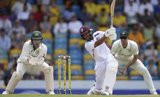 West Indies' captain Shai Hope plays a shot against Australia on day two of the first cricket Test match at Kensington Stadium in Bridgetown, Barbados, Thursday, June 26, 2025. (AP Photo/Ricardo Mazalan)