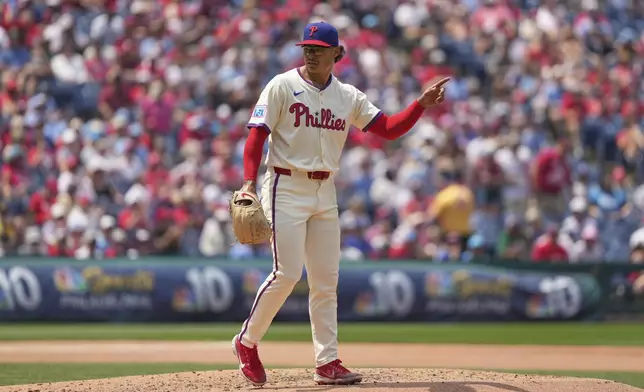 Philadelphia Phillies pitcher Jesús Luzardo reacts after Chicago Cubs' Justin Turner grounds out during the fourth inning of a baseball game Wednesday, June 11, 2025, in Philadelphia. (AP Photo/Matt Slocum)