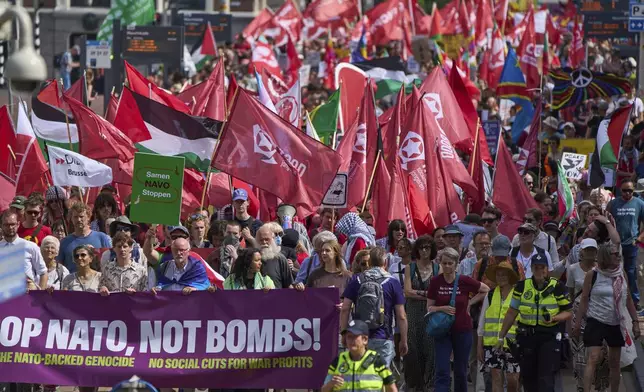 People carry banners and flags during a demonstration ahead of the NATO summit in The Hague, Netherlands, Sunday, June 22, 2025. (AP Photo/Peter Dejong)