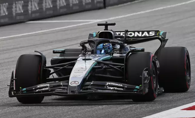 Mercedes driver George Russell of Britain in action during the first free practice at the Red Bull Ring racetrack, ahead of the Austrian Formula One Grand Prix in Spielberg, Austria, Friday, June 27, 2025. (AP Photo/Denes Erdos)