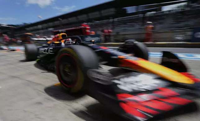 Red Bull driver Max Verstappen of the Netherlands makes a pit stop during the first free practice at the Red Bull Ring racetrack, ahead of the Austrian Formula One Grand Prix in Spielberg, Austria, Friday, June 27, 2025. (AP Photo/Darko Bandic)