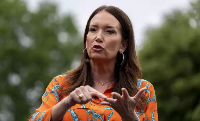 FILE - Agriculture Secretary Brooke Rollins speaks with reporters at the White House, Monday, May 5, 2025, in Washington. (AP Photo/Alex Brandon,File)