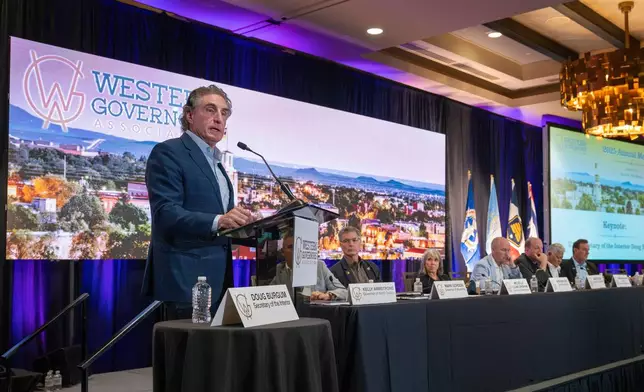U.S. Secretary of the Interior Doug Burgum speaks to attendees at the Western Governors Association meeting in Santa Fe, N.M., Monday, June 23, 2025. (Eddie Moore/The Albuquerque Journal via AP)
