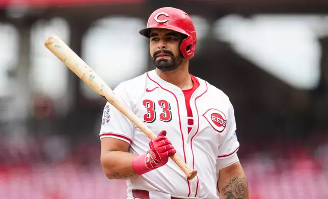Cincinnati Reds' Christian Encarnacion-Strand warms up during the seventh inning of a baseball game against the Arizona Diamondbacks that was suspended Friday because of rain and resumed, Saturday, June 7, 2025, in Cincinnati. (AP Photo/Jeff Dean)