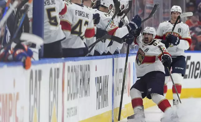 Florida Panthers' Brad Marchand (63) celebrates his goal against the Edmonton Oilers during the second period in Game 2 of the NHL hockey Stanley Cup Finals, in Edmonton, Alberta, Friday, June 6, 2025. (Darryl Dyck/The Canadian Press via AP)