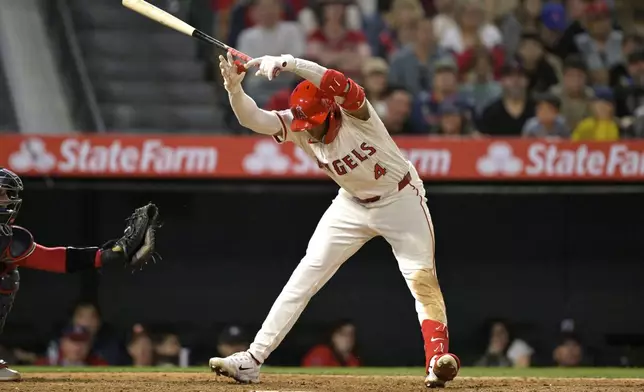 Los Angeles Angels' Christian Moore backs off an inside pitch during the eighth inning of a baseball game against the Washington Nationals, Friday, June 27, 2025, in Anaheim, Calif. (AP Photo/Jayne Kamin-Oncea)