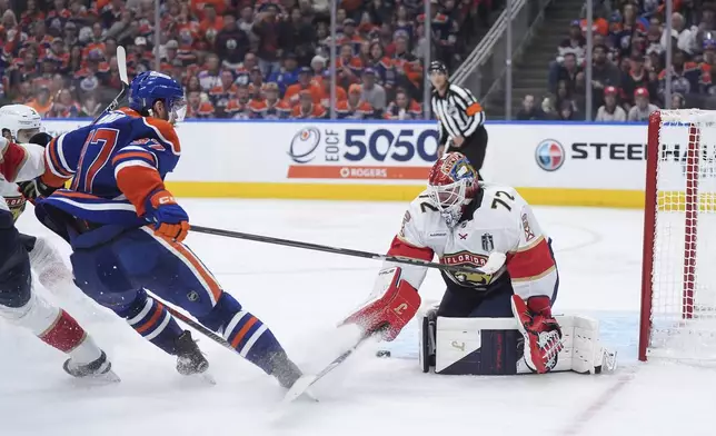 Florida Panthers goalie Sergei Bobrovsky (72) stops Edmonton Oilers' Connor McDavid (97) during the first overtime period in Game 2 of the NHL Stanley Cup Final, in Edmonton, Alberta, Friday, June 6, 2025. (Darryl Dyck/The Canadian Press via AP)
