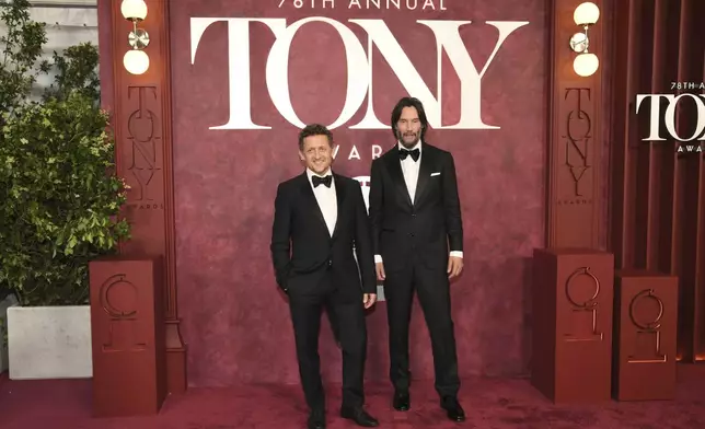 Alex Winter, left, and Keanu Reeves arrive at the 78th Tony Awards on Sunday, June 8, 2025, at Radio City Music Hall in New York. (Photo by Evan Agostini/Invision/AP)
