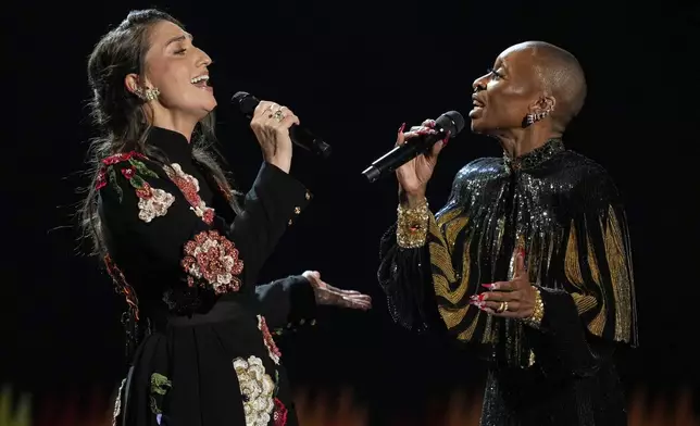 Sarah Bareilles, left, and Host Cynthia Erivo perform "Tomorrow" during the In Memoriam segment during the 78th Tony Awards on Sunday, June 8, 2025, at Radio City Music Hall in New York. (Photo by Charles Sykes/Invision/AP)