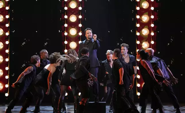 Lin-Manuel Miranda, center, performs a medley from "Hamilton" during the 78th Tony Awards on Sunday, June 8, 2025, at Radio City Music Hall in New York. (Photo by Charles Sykes/Invision/AP)
