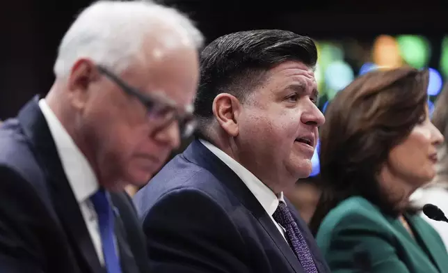 Illinois Gov. JB Pritzker, center, speaks, as Minnesota Gov. Tim Walz, left, and New York Gov. Kathy Hochul, right, sit nearby during a House Committee on Oversight and Government Reform hearing, Thursday, June 12, 2025, at the U.S. Capitol in Washington. (AP Photo/Julia Demaree Nikhinson)