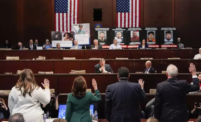 Minnesota Gov. Tim Walz, Illinois Gov. JB Pritzker and New York Gov. Kathy Hochul are sworn in during a House Committee on Oversight and Government Reform hearing, Thursday, June 12, 2025, at the U.S. Capitol in Washington. (AP Photo/Julia Demaree Nikhinson)