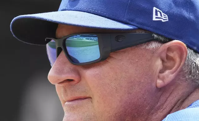 Kansas City Royals manager Matt Quatraro looks to the field before a baseball game against the Chicago White Sox in Chicago, Sunday, June 8, 2025. (AP Photo/Nam Y. Huh)