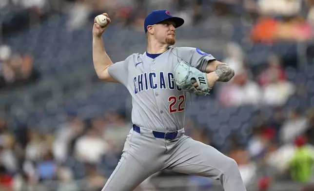 Chicago Cubs pitcher Cade Horton (22) throws during the third inning of a baseball game against the Washington Nationals in Washington, Tuesday, June 3, 2025. (AP Photo/Terrance Williams)