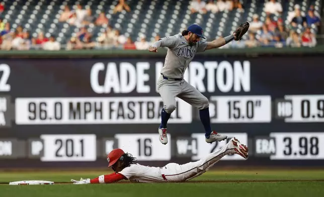 Washington Nationals' CJ Abrams slides into second base and avoids the tag from Chicago Cubs shortstop Dansby Swanson for a stolen base during the first inning of a baseball game in Washington, Tuesday, June 3, 2025. (AP Photo/Terrance Williams)