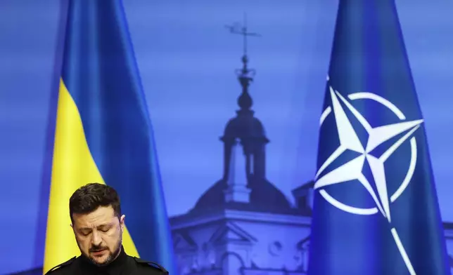 Ukraine's President Volodymyr Zelenskyy addresses a media conference during the Vilnius Summit at the Palace of the Grand Dukes of Lithuania in Vilnius, Lithuania, Monday, June 2, 2025. (AP Photo/Mindaugas Kulbis)