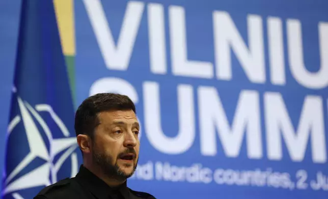 Ukraine's President Volodymyr Zelenskyy addresses a media conference during the Vilnius Summit at the Palace of the Grand Dukes of Lithuania in Vilnius, Lithuania, Monday, June 2, 2025. (AP Photo/Mindaugas Kulbis)