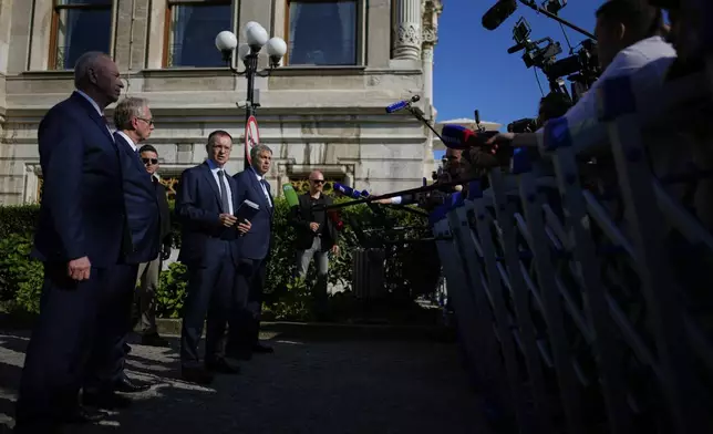 The head of the Russian delegation Vladimir Medinsky, center, speaks to the media at the Ciragan Palace following the Ukraine-Russia peace talks in Istanbul, Turkey, Monday, June 2, 2025. (AP Photo/Emrah Gurel)