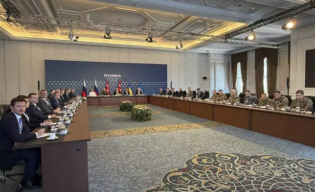 In this photo released by the Ukrainian Ministry of Defense, Russian and Ukrainian delegations attend talks at the Ciragan Palace in Istanbul, Turkey, Monday, June 2, 2025. (Ukrainian Ministry of Defense via AP)