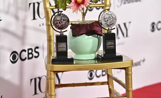 Hwaboon the plant from "Maybe Happy Ending" appears in the press room with the awards for best original score and best book of a musical during the 78th Tony Awards on Sunday, June 8, 2025, at Radio City Music Hall in New York. (Photo by Evan Agostini/Invision/AP)